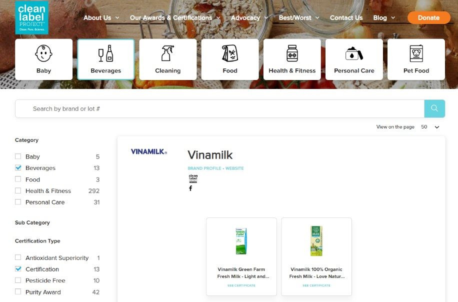 Vinamilk có sản phẩm sữa tươi đầu tiên trên thế giới được chứng nhận từ Tổ chức Clean Label Project của Mỹ