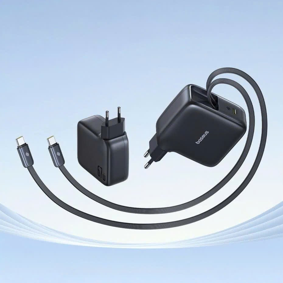 Củ Sạc Nhanh Tích Hợp Cáp Sạc Dây Rút Baseus EnerCore CJ21 67W (with Type-C Dual Retractable 80cm Cables)