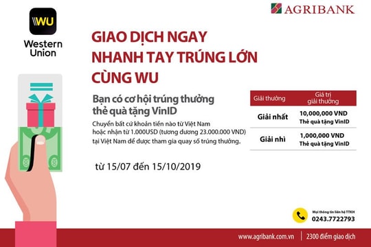 Cùng Agribank “Giao dịch ngay – Nhanh tay trúng lớn cùng WU”