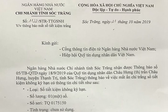 Thông báo tới các Quỹ tín dụng nhân dân về sổ tiết kiệm trắng seri TQ 0175150 không còn giá trị sử dụng