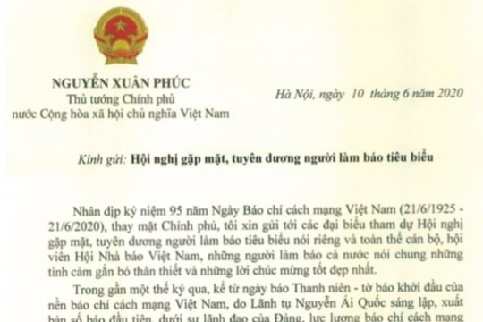 Thủ tướng gửi thư chúc mừng nhân Ngày Báo chí cách mạng Việt Nam