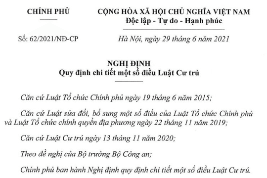 Ban hành Nghị định số 62/2021/NĐ-CP quy định chi tiết một số điều Luật Cư trú