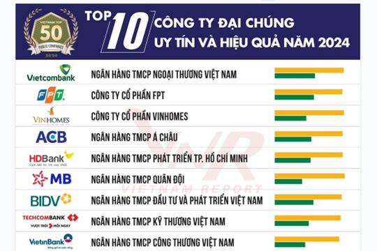 Ngân hàng giữ vị trí áp đảo trong Top 10 Bảng xếp hàng Top 50 Công ty Đại chúng uy tín và hiệu quả năm 2024