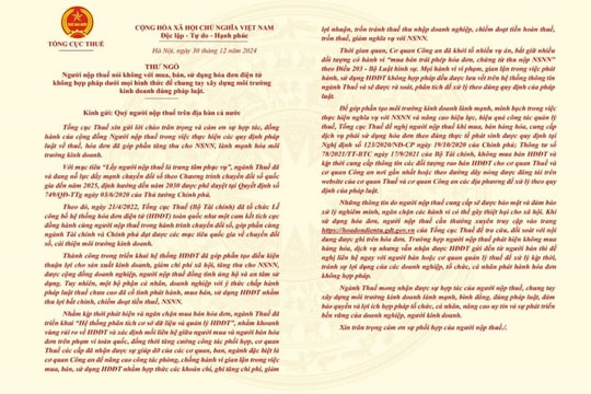 Ngành Thuế gửi thư ngỏ đề nghị người nộp thuế nói “không” với mua, bán, sử dụng hóa đơn bất hợp pháp