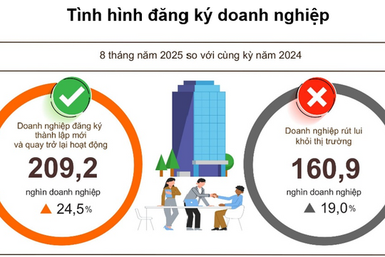Số vốn đăng ký của doanh nghiệp thành lập mới tháng 8 gấp gần 3 lần tháng 7