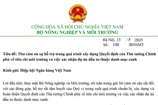 Bộ Nông nghiệp và Môi trường gửi Thư cảm ơn Hiệp hội Ngân hàng Việt Nam về sự phối hợp trong xây dựng Danh mục Phân loại xanh