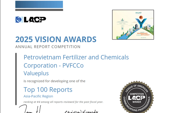 PVFCCo - Phú Mỹ xếp hạng nhì toàn cầu, giành 2 giải bạch kim tại LACP 2025 Vision Awards (Hoa Kỳ)
