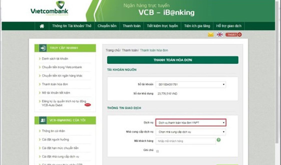 Vietcombank triển khai thanh toán hóa đơn cước viễn thông VNPT
