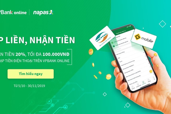 Hoàn 20% giá trị nạp tiền điện tử khi giao dịch qua VPBank Online