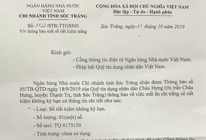 Thông báo tới các Quỹ tín dụng nhân dân về sổ tiết kiệm trắng seri TQ 0175150 không còn giá trị sử dụng