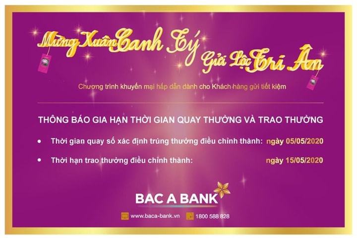BAC A BANK điều chỉnh lịch quay thưởng và trao thưởng CTKM “Mừng Xuân Canh Tý - Gửi lộc tri ân”