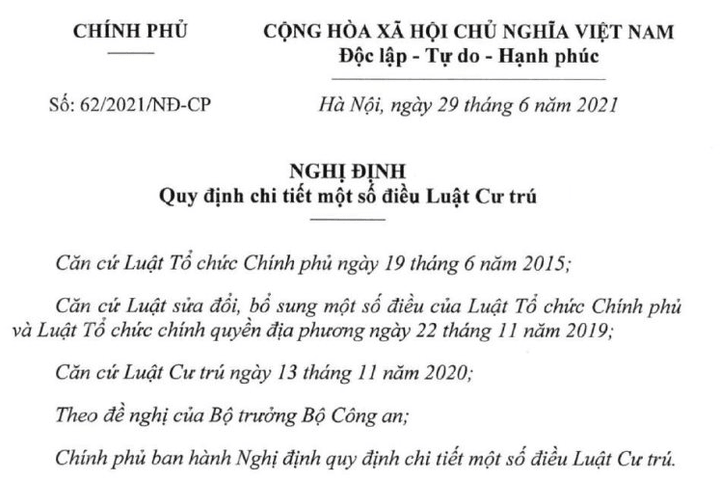 Ban hành Nghị định số 62/2021/NĐ-CP quy định chi tiết một số điều Luật Cư trú