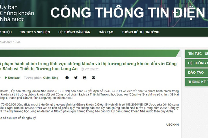 Công ty cổ phần Sách và Thiết bị Trường học Long An bị xử phạt vi phạm hành chính trong lĩnh vực chứng khoán và thị trường chứng khoán