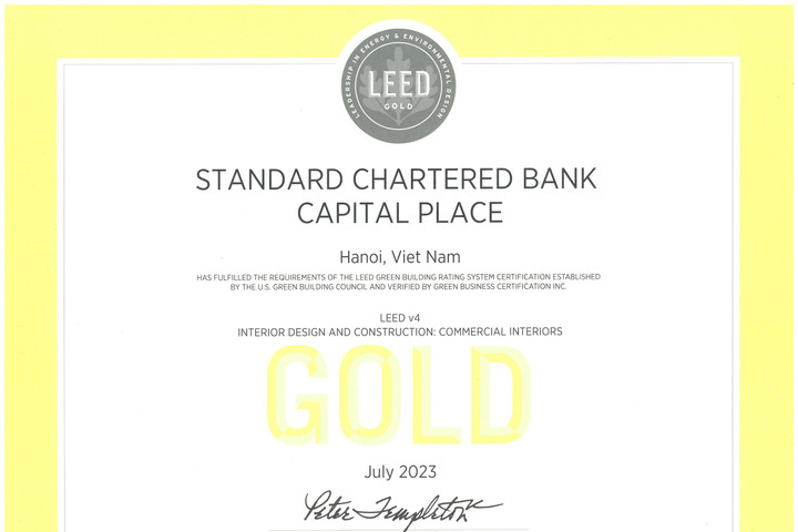 Standard Chartered Việt Nam nhận chứng chỉ LEED Gold cho thiết kế thân thiện với môi trường nhất